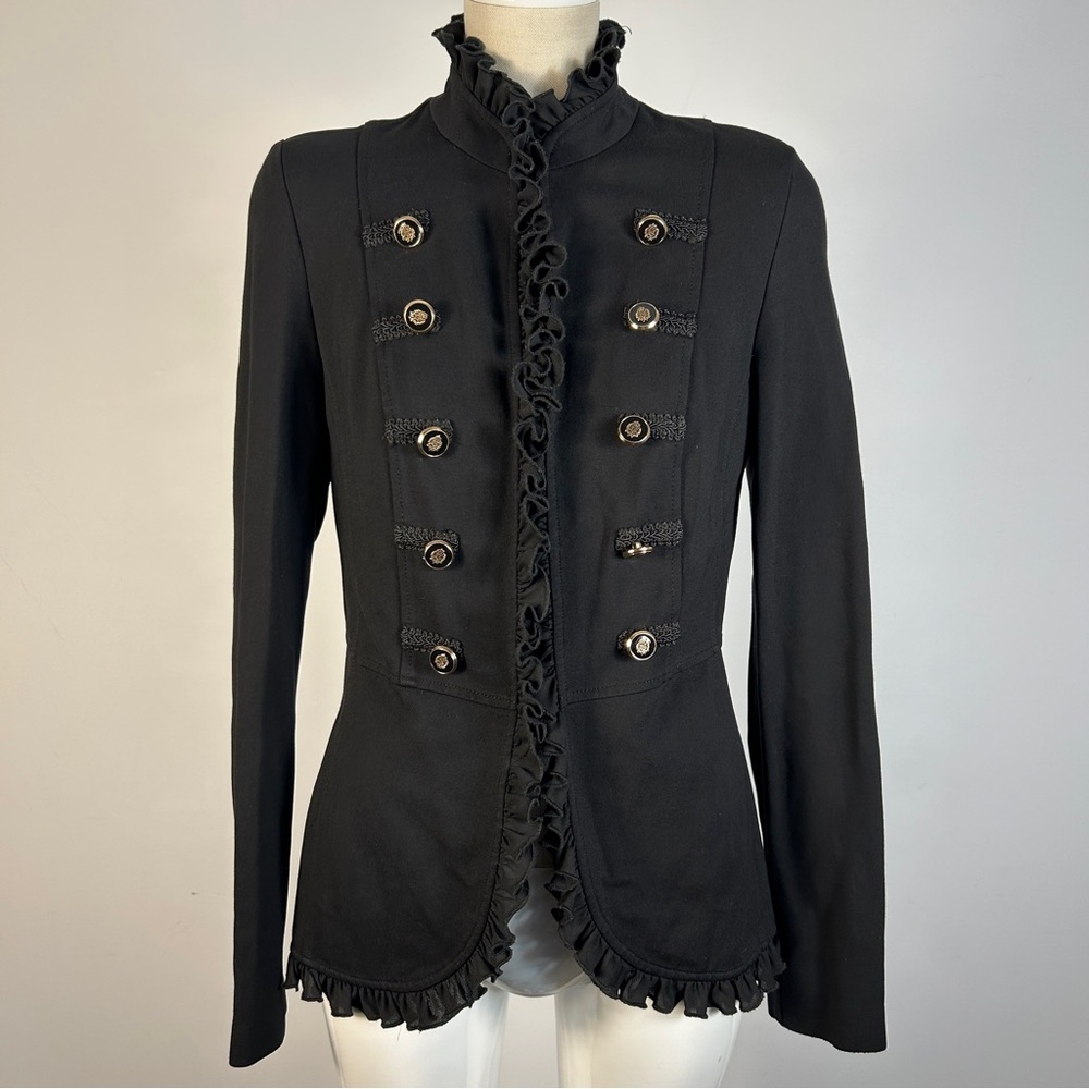 Joseph Ribkoff Black Ruffle Military-Style Blazer